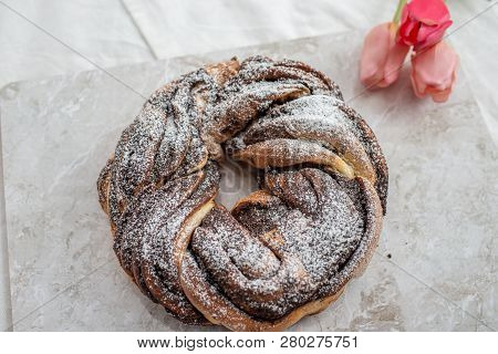 Home Made Traditional Sweet Chocolate Babka On Plate On A Table