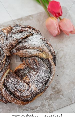 Home Made Traditional Sweet Chocolate Babka On Plate On A Table