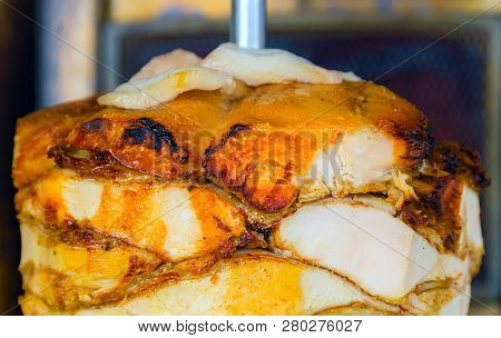 Istanbul Street Food Doner Kebab Made Of Meat Cooked Rotisserie. Traditional Turkish Dish That Is Ea