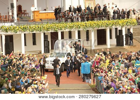24.09.2018. Aglona, Latvia. His Holiness Pope Francis Driving At Pope Mobile