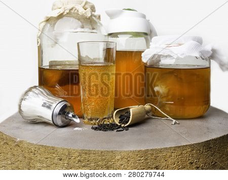 Fermented Drink, Tea Healthy Natural Probiotic In A Glass Jar.