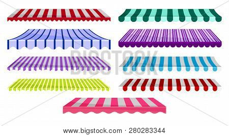 Collection Of Classic Canopy Awnings, Striped Sunblinds, Design Element For Cafe, Shop, Restaurant V