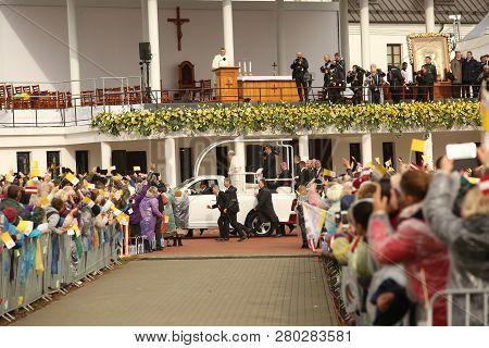 24.09.2018. Aglona, Latvia. His Holiness Pope Francis Driving At Pope Mobile