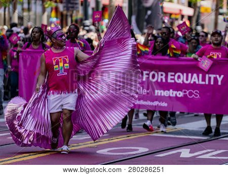 San Francisco, California, June 24, 2018:  Gay Pride Parade - Corporate T-mobile Cellular Marches