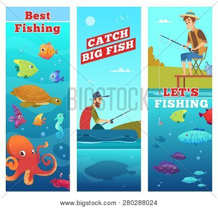 Fishing Banners. Underwater Sea River Ocean Fish Octopus Turtle Seahorse Water Food Vector Cartoon C