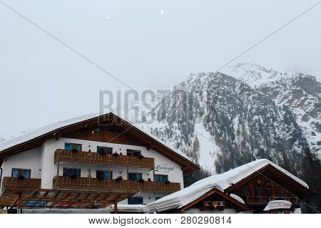 Solda, Italy - 03 24 2013: Beautiful Cloudy View Of Ski Resort Solda, Sulden