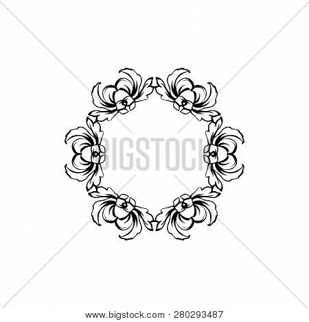 Floral Vintage Decorative Vector Frame. Flower Black Ink Circle Filigree Border With Text Space. Iso