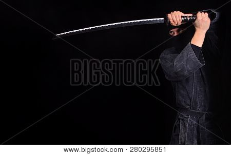 Ninja With Katana Close-up. Martial Arts, Background.