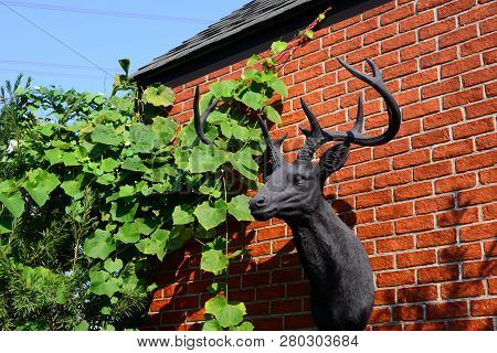 Reindeer Head Sculture Hanging On The Red Brick Wall