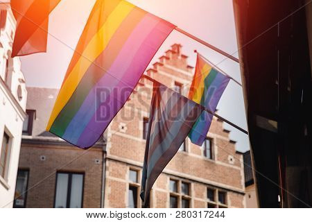 Lgbt Gay Flag Color Develops On Buildings In Europe Belgium.