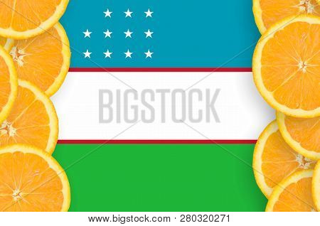 Uzbekistan Flag  In Citrus Fruit Slices Vertical Frame