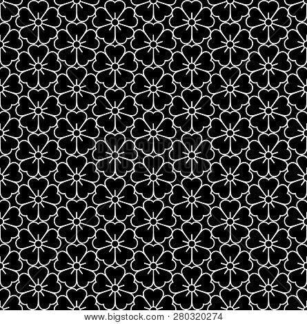 Seamless Flowers Icons Pattern Isolated On Black Background. Vector