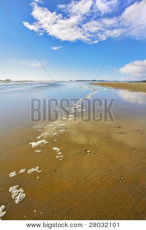 Breda sandstranden och havet skum på sand under utflöde