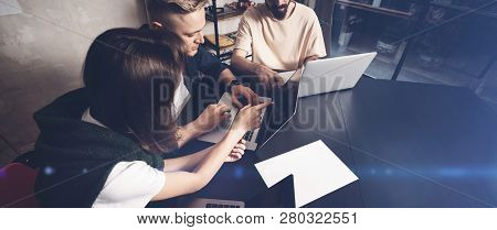 Coworkers Team At Work. Group Of Young Business People In Trendy Casual Wear Working Together In Cre