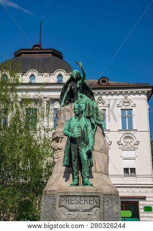 Preseren Monument In Central Square Of Ljubljana, Slovenia