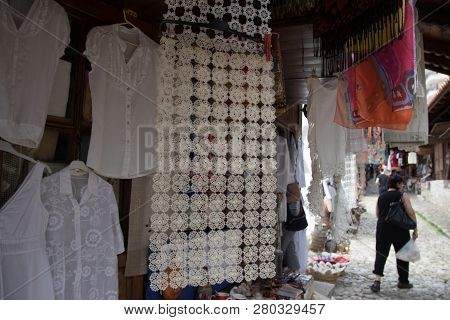 June 2018: Traditional Ottoman Market In Kruja, Birth Town Of National Hero Skanderbeg. Flea Market 