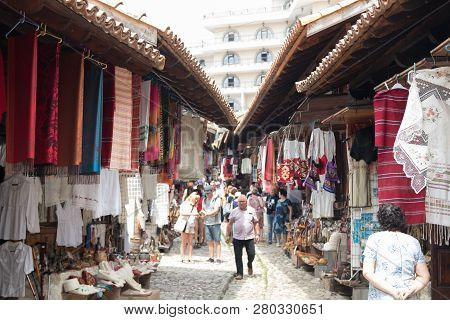 June 2018: Traditional Ottoman Market In Kruja, Birth Town Of National Hero Skanderbeg. Flea Market 