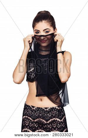 Graceful Young Girl Bellydancer With Oriental Make-up Posing In A Costume Of Raqs Sharqi. Woman Cove