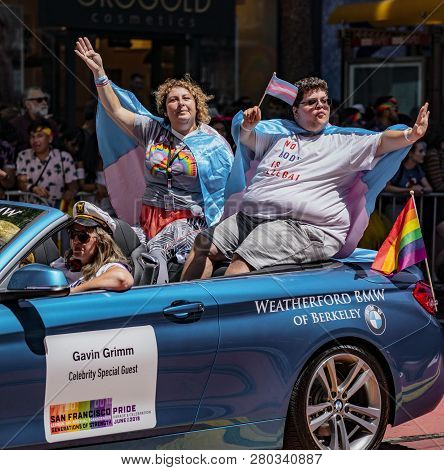 San Francisco, California, June 24, 2018:  Gay Pride Parade - Gavin Grimm Rides As Celebrity Guest