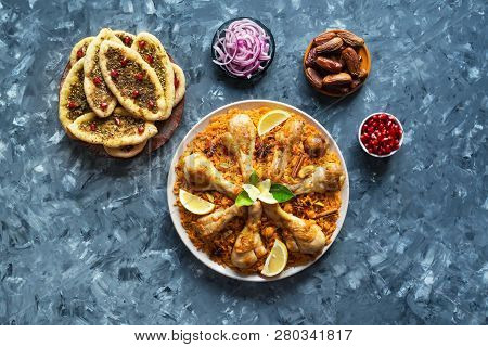 Qatari Chicken Majboos - National Dish Of Bahrain And Qatar. Arabic Cuisine.