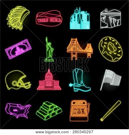 Usa Country Neon Icons In Set Collection For Design.travel And Attractions Vector Symbol Stock Web I