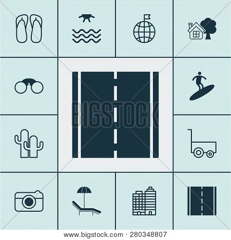 Travel Icons Set With Sea, Field Glasses, Thongs And Other Boardsports Elements. Isolated  Illustrat