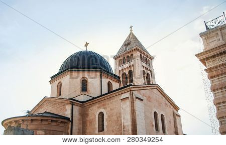 Medieval Ancient Church In Israel. Brown Color, Blue Sky