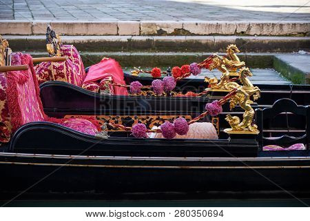 Two Gondolas On The Cannal In Venice, Italy. Sunny Day. Red And Yellow Royal Seats, Golden Decoratio