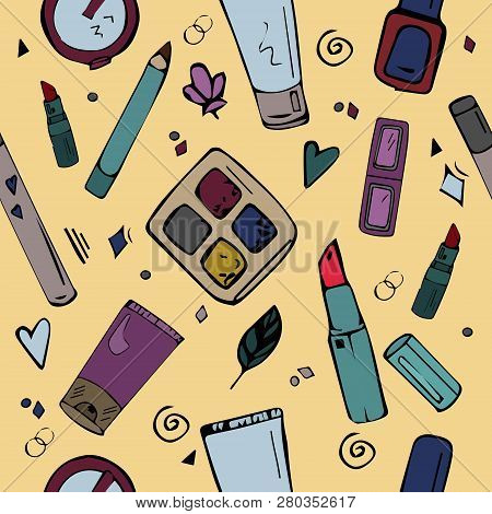 Vector Seamless Pattern With Elements Of Cosmetics