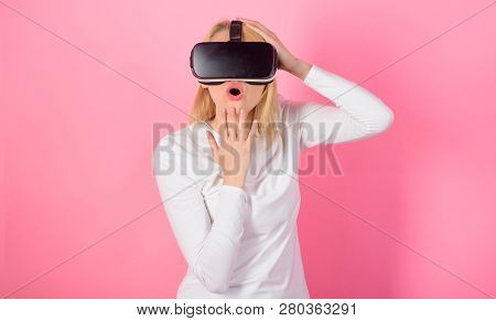 Woman With Virtual Reality Headset. The Woman With Glasses Of Virtual Reality. Funny Woman Experienc