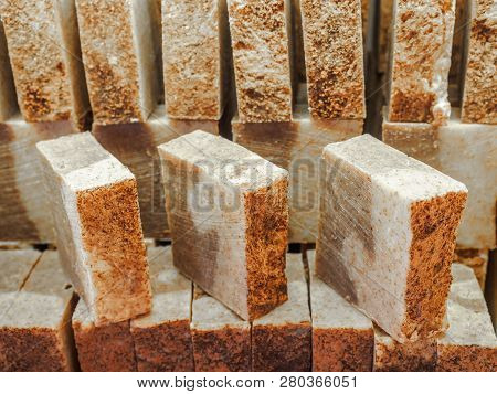 Bars Of Soap On A Shop Window. Cinnamon Soap With Natural Cedar Oil And Herbal Ingredients. Handmade