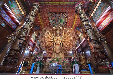 Kanchanaburi.thailand,jan 24,2019 ,take Photo  Large Guan Yin Bodhisattva Carved From Wood 12 Meters