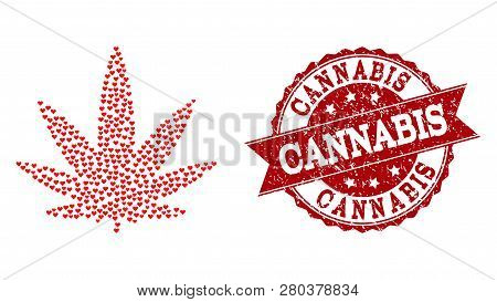 Collage Cannabis Designed With Red Love Hearts, And Isolated Rubber Watermark. Composition For Valen