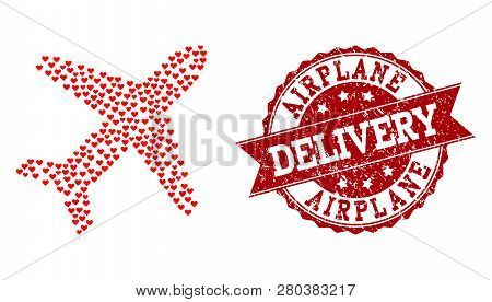 Mosaic Flying Air Liner Designed With Red Valentine Hearts, And Isolated Grunge Stamp. Composition F