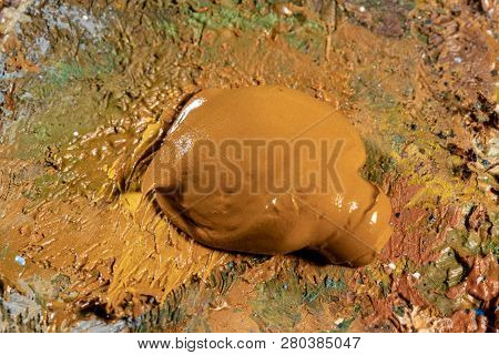 Oil Art Paints On A Very Old Palette. Close-up