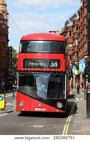 London, Uk - July 6, 2016: People Ride New Routemaster Bus At Shaftesbury Avenue, London. The Hybrid
