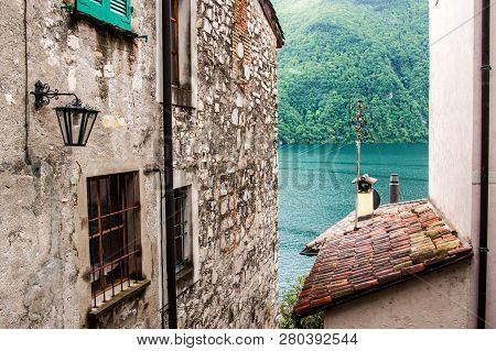 View Of A Picturesque Gandria Village At The Coast Of Lugano Lake, Switzerland