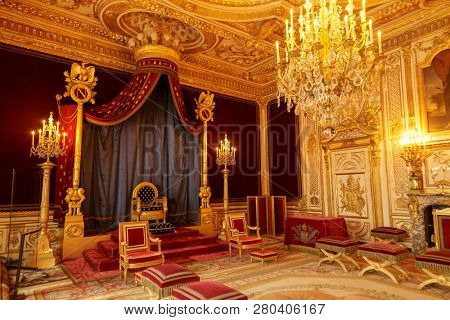 Paris, France, March 31, 2017: Fontainebleau Palace interiors. The Throne Room. Chateau was one of the main palaces of French kings