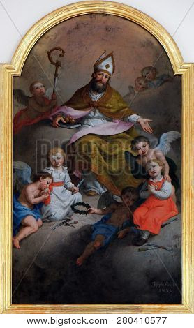 PETSCHIED, ITALY - JULY 14, 2018: Saint Nicholas painting in the Saint Nicholas church in Petschied near Luson, Italy
