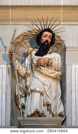 LUCERNE, SWITZERLAND - JUNE 24, 2018: Apostle, statue in the church of St. Leodegar in Lucerne, Switzerland