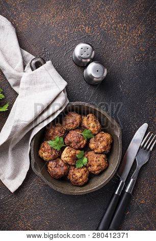 Homemade Beef Meatballs In Frypan. Top View