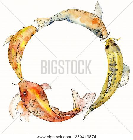 Watercolor Aquatic Underwater Tropical Fish Set. Red Sea And Exotic Fishes Inside: Goldfish. Frame B