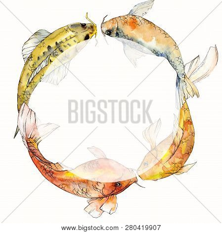 Watercolor Aquatic Underwater Tropical Fish Set. Red Sea And Exotic Fishes Inside: Goldfish. Frame B