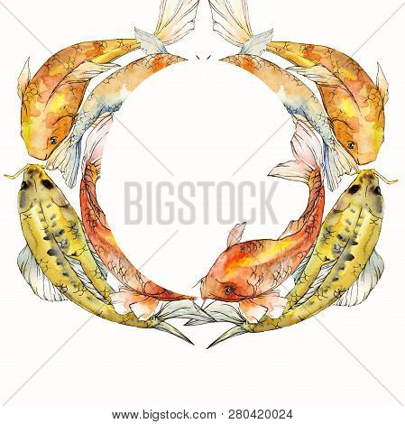 Watercolor Aquatic Underwater Tropical Fish Set. Red Sea And Exotic Fishes Inside: Goldfish. Frame B