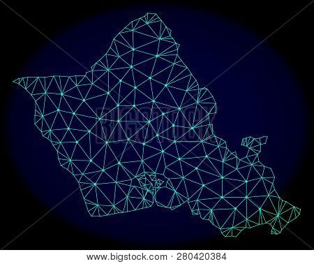 Polygonal Vector Mesh Map Of Oahu Island. Connected Lines, Triangles And Points Forms Abstract Map O
