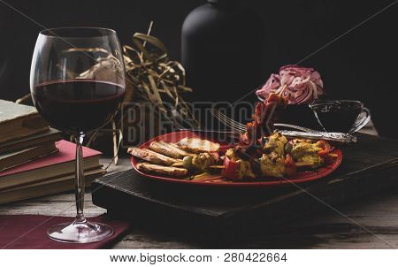 Traditional Dinner In A Country House. Meat With Vegetables And Bread. Hearty And Tasty Dish.menu Ba