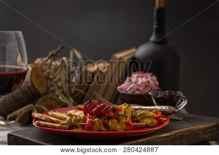 Traditional Dinner In A Country House. Meat With Vegetables And Bread. Hearty And Tasty Dish.menu Ba