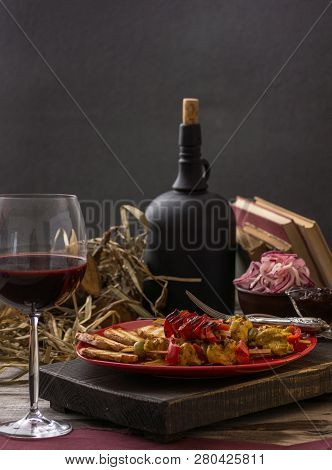 Traditional Dinner In A Country House. Meat With Vegetables And Bread. Hearty And Tasty Dish.menu Ba