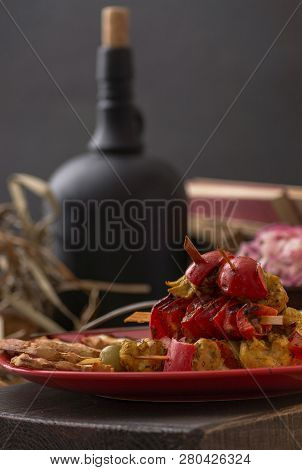 Romantic Lunch. Food In A Simple Rustic Style Located On A Wooden Background. The Atmosphere Of The 