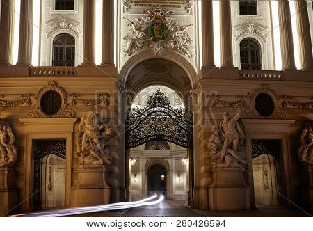 View Of Hofburg Imperial Palace Facade Exterior With Heldenplatz, Vienna Old Town Historic Center, A